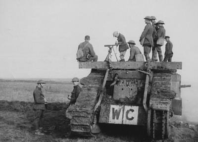 euryalus at flesquieres A black and white image of soldiers standing on and around a First World War tank.