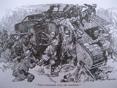Sketch depicting Fray Bentos action A black and white artist's impression of soldiers climbing over a First World War tank.