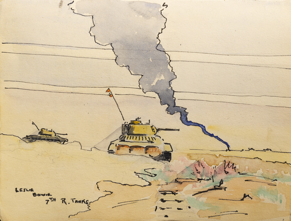 Beales POW Book_016 1100 wide Watercolour and pen painting of two tanks travelling across a landscape. There is smoke in the background.