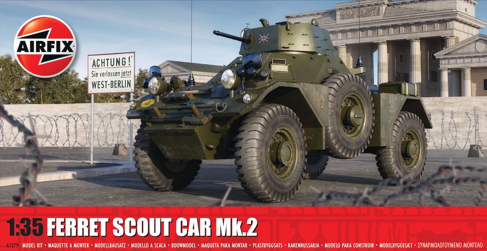 Airfix Ferret Scout Car Mk 2 Model Colour image of the front of an airfix model box of the Ferret Scout Car Mk.2