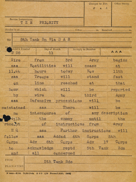 Telegram - Armistice The telegram sent by the 5th Tank Brigade to the 8th Tank