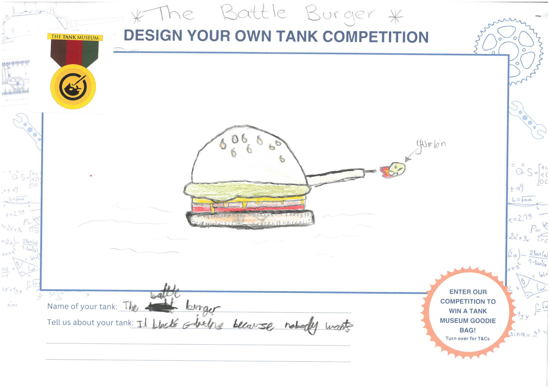 The Battle Burger Drawing of a burger-shaped tank, with name and description at the bottom.