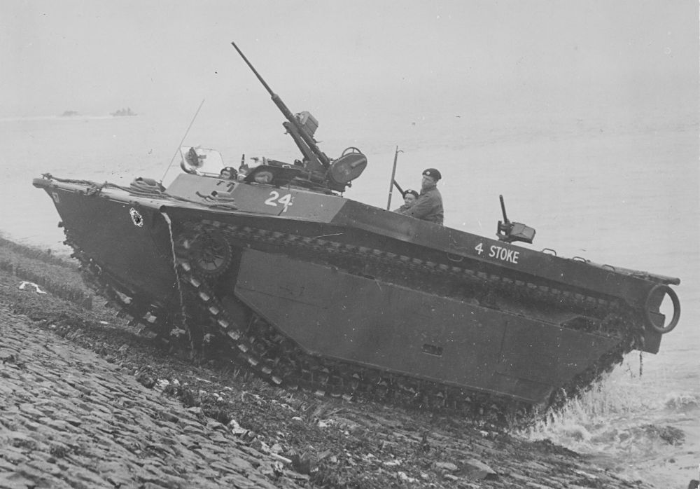 LVT IV STOKE 11 RTR C Sqn 4 Tp Black and white photo of a tank on a steep embankment.