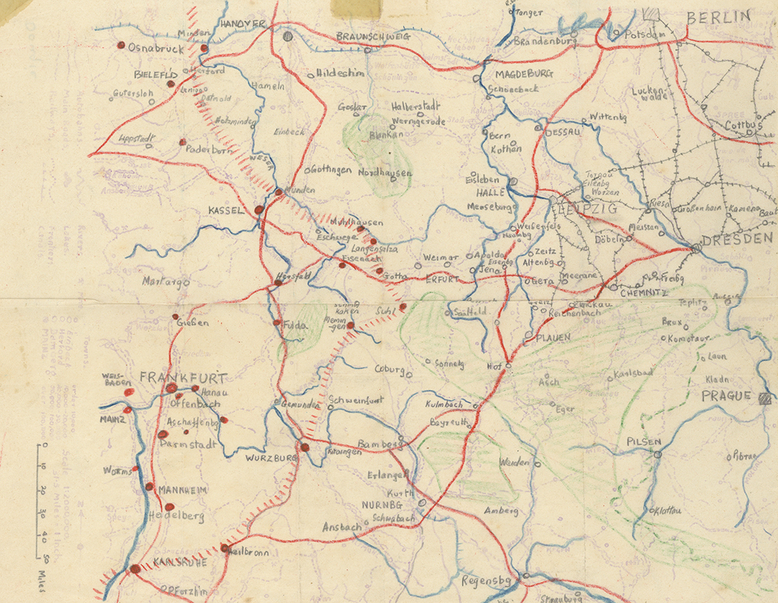 Escape map Hand-drawn map of Germany on cream paper.