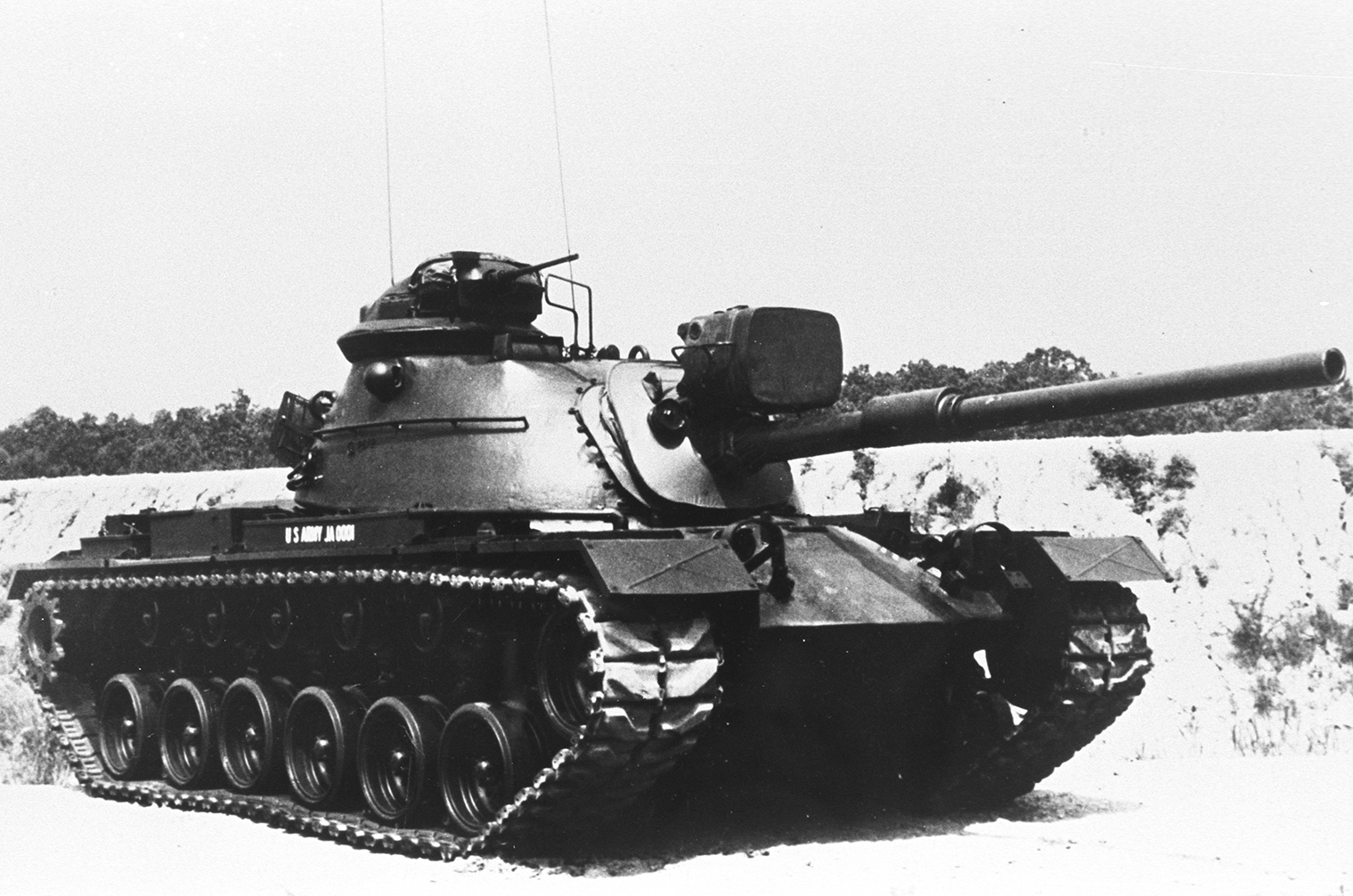 The M48A5 Black and white photo of a tank.
