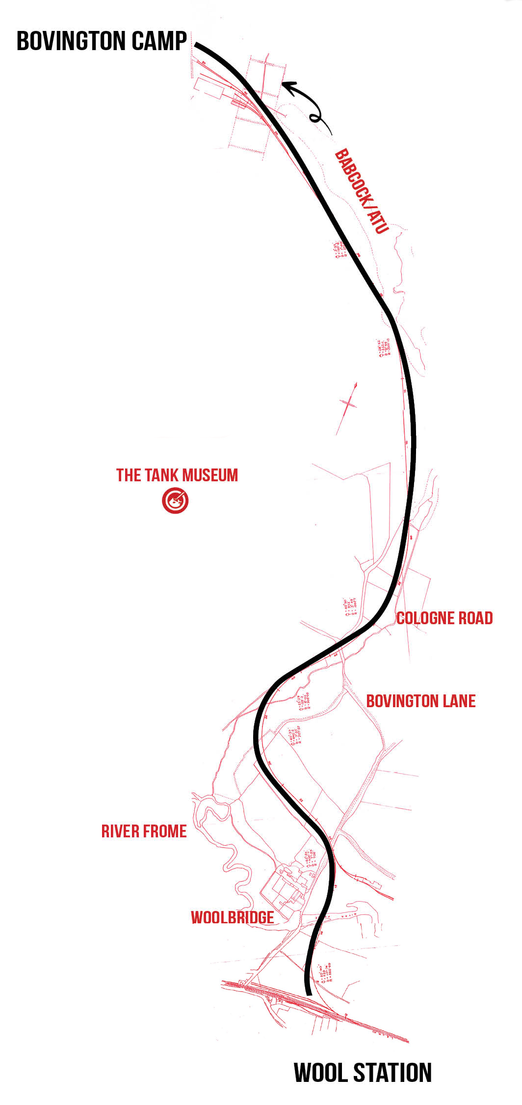 Bovington Railway - Map new edit Colour map segment, showing the approximate route of the former Wool to Bovington Camp Railway.