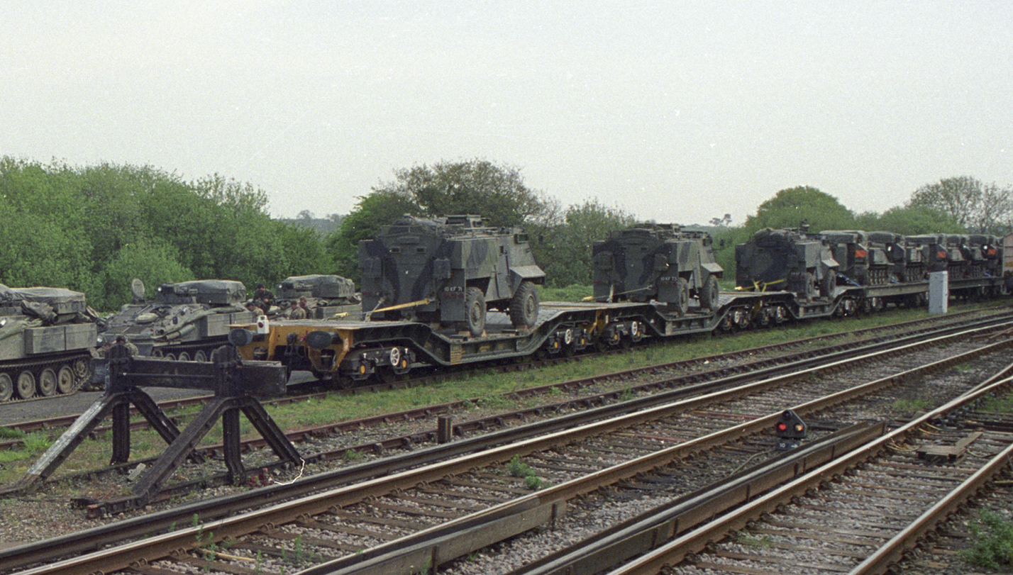 Bovington Railway - Train loaded with AFVs - 5570-B1 Colour image showing a train loaded with Spartan and Saxon AFVs.